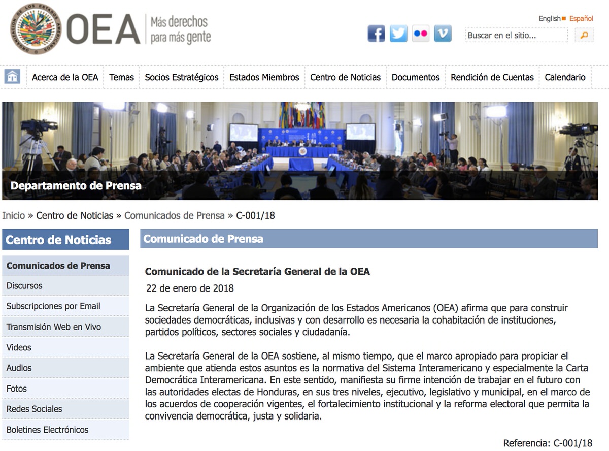 comunicado OEA aceptando fraude Honduras